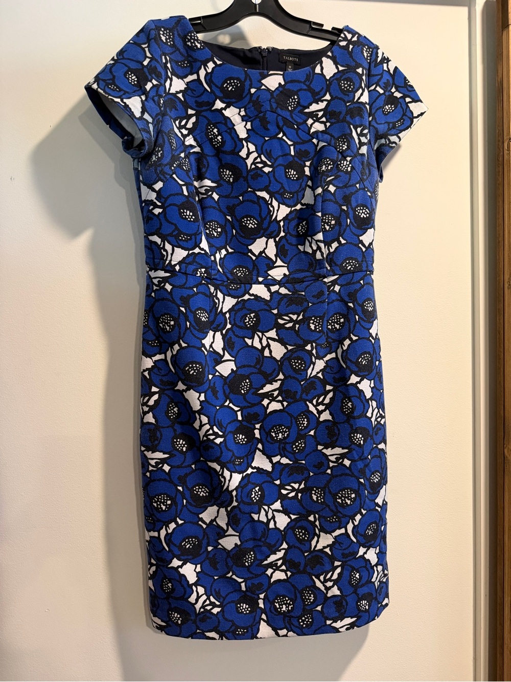 Talbots Royal Blue and Black Floral Cap-Sleeve Sheath Dress